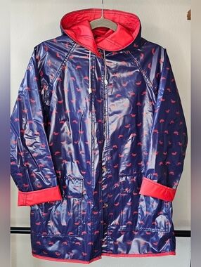 Vintage Navy & Red Reversible Duck-Print Hooded Raincoat